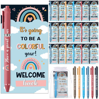 Marspark 30 Set Welcome Back to School Gifts Bulk Ballpoint Pens and Greeting Cards Set with Bags Twist Ties Composition First Day of School Gifts for Teacher Student Classroom Party Favors Supplies