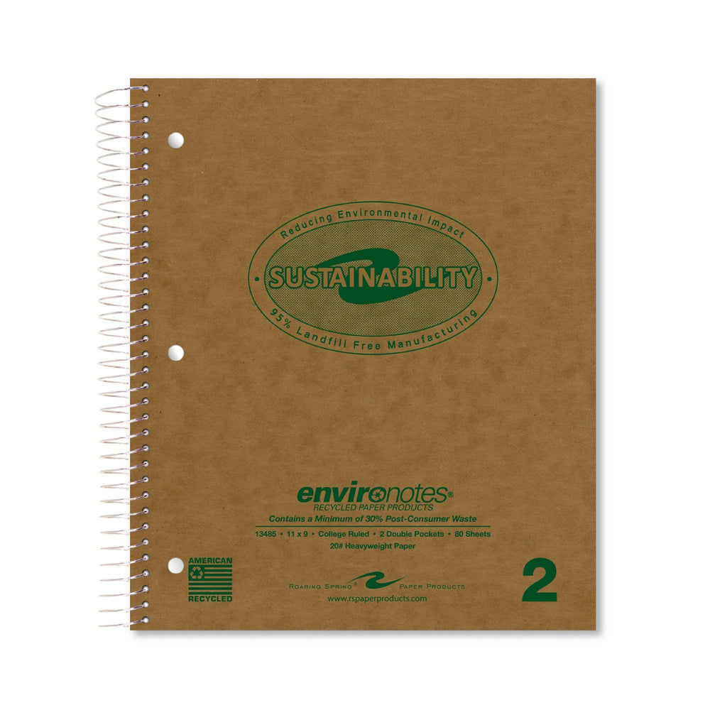 ROARING SPRING Environotes Recycled Spiral Notebook, College Ruled 1 Subject Notebook, 11" x 9", 80 Perforated Sheets, 20 lb Recycled Paper, Double Pocket, 3 Hole Punched, Made in USA