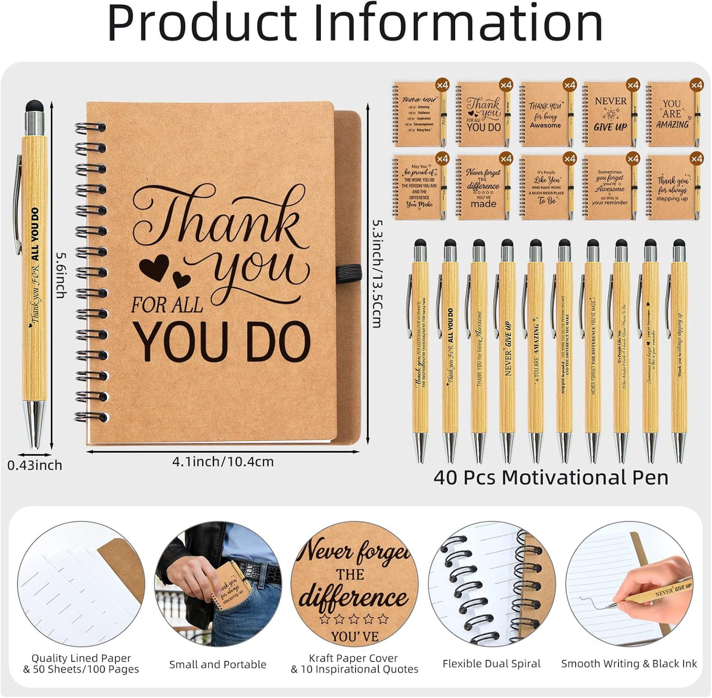 80Pcs/40 Sets Employee Appreciation Gifts Bulk, 40 Inspirational Notebooks & 40 Motivational Pens for Coworker Gifts, Teacher, Team Building, Nurse, Volunteer, DSP, Housekeeping, EVS Staff Office Gift