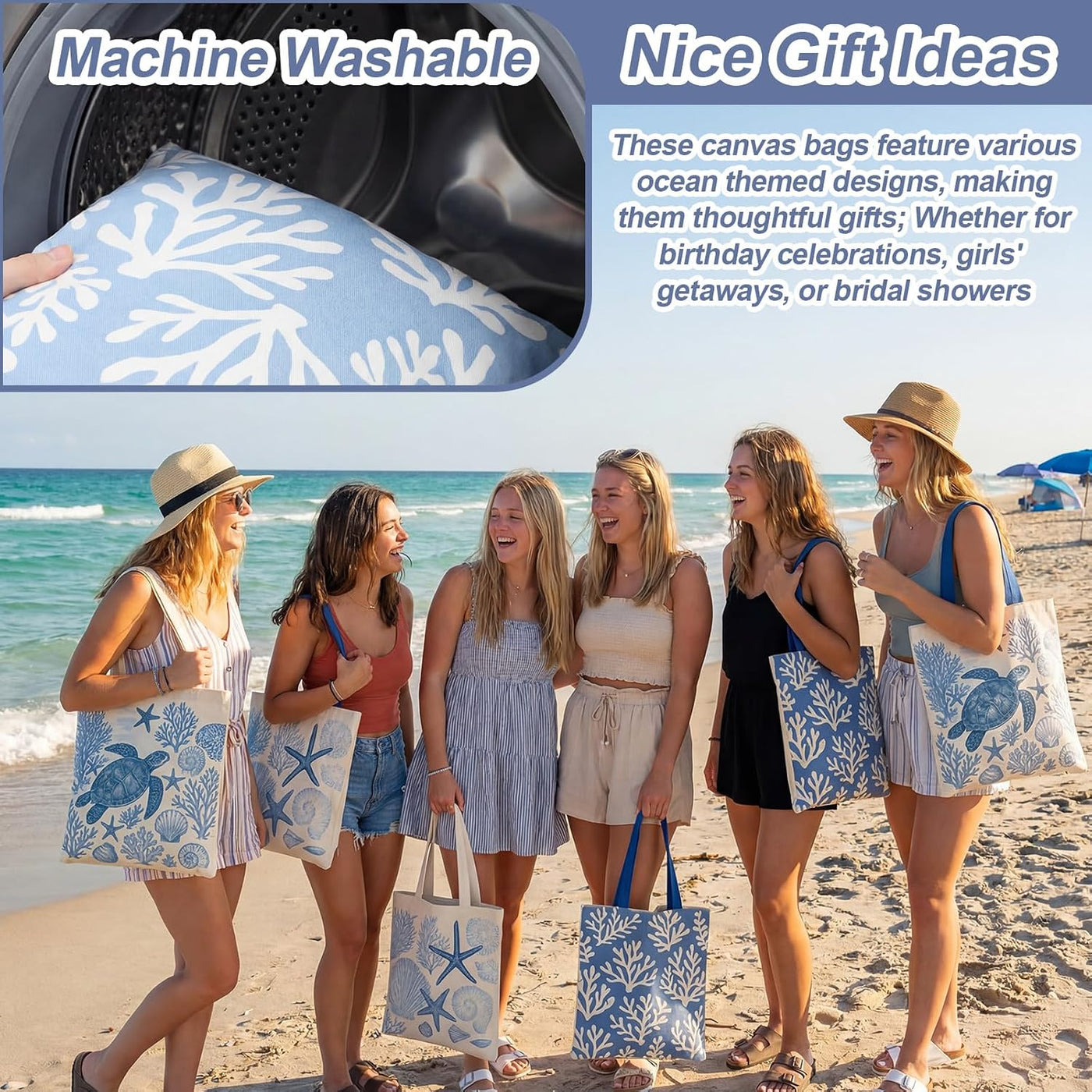 Reginary 6 Pcs Coastal Canvas Tote Bags with Pocket Summer Beach Themed Gifts Blue Seashell Starfish Conch Coral Pattern