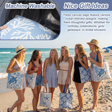 Reginary 6 Pcs Coastal Canvas Tote Bags with Pocket Summer Beach Themed Gifts Blue Seashell Starfish Conch Coral Pattern