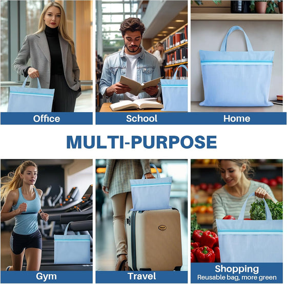 Mesh Zipper Pouch with Handle - 11 x 13.7 Inch Reusable Double Pocket Zipper Pouch, Foldable Nylon File Bag, Large Capacity Lightweight Document Storage for Puzzles Books Office Travel Shopping, Blue - hover image
