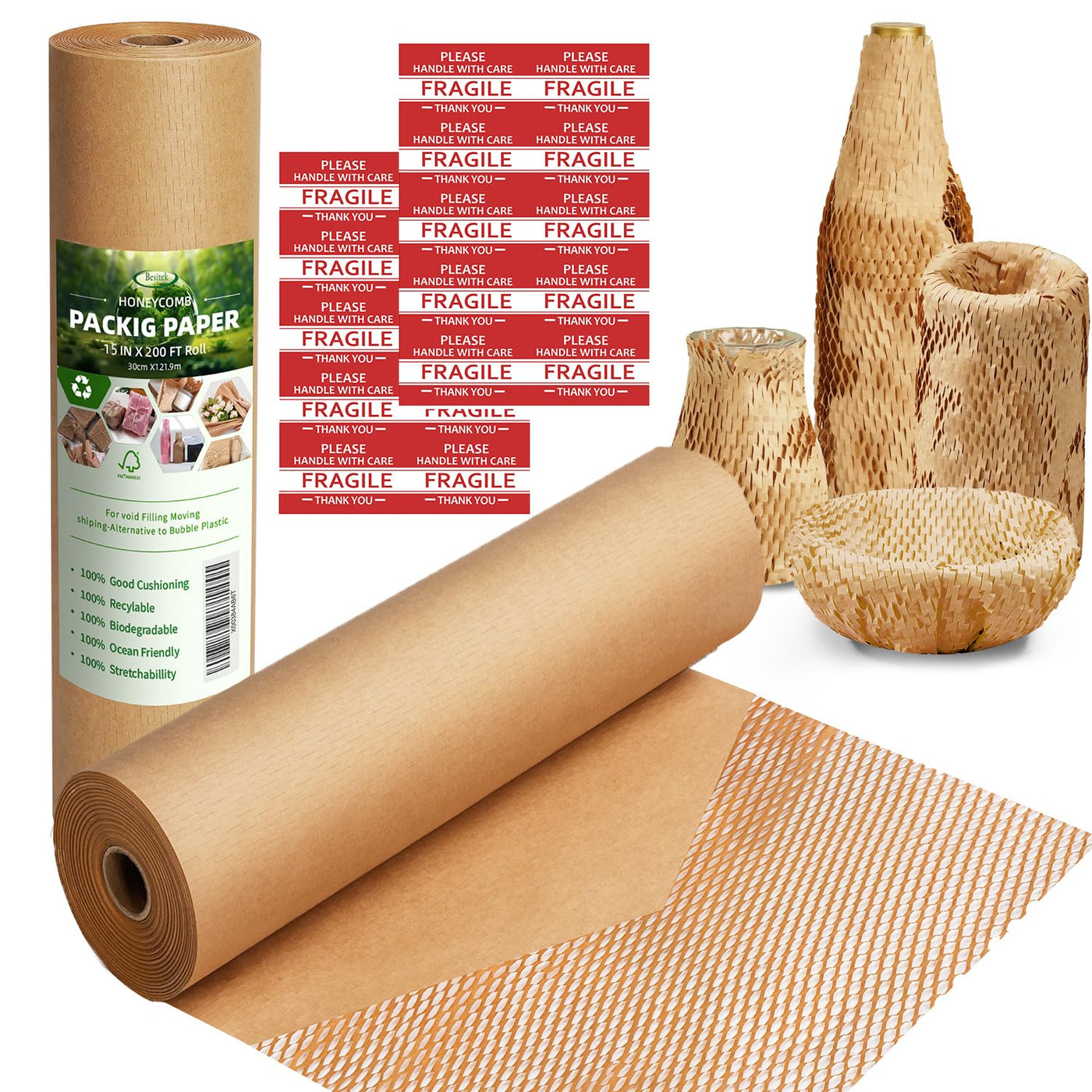 Honeycomb Packing Paper,12 inch x 200 ft Bubble Cushioning Wrap for Packing Moving,Products Gifts Wrapping Paper,Recyclable and Biodegradable Shipping Packing Materials with 20 Fragile Sticker Labels