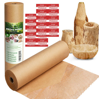 Honeycomb Packing Paper,12 inch x 200 ft Bubble Cushioning Wrap for Packing Moving,Products Gifts Wrapping Paper,Recyclable and Biodegradable Shipping Packing Materials with 20 Fragile Sticker Labels
