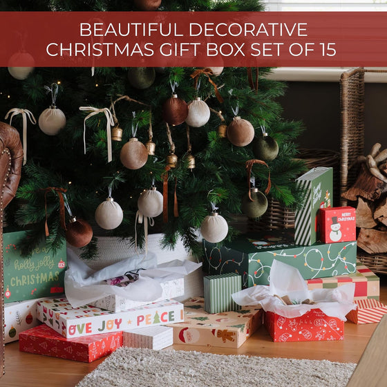 ZICOTO Beautiful Christmas Gift Boxes Set of 15 - Stylish Holiday Present Boxes with Assorted Festive Designs for Easy Christmas Gift Wrapping - Perfect Variety Set for Shirts, Clothing and More - hover image