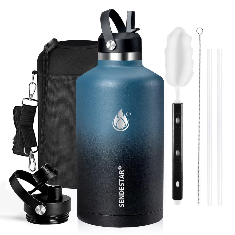 SENDESTAR Water Bottle 32oz Double Wall Vacuum Insulated Leak Proof Stainless Steel Sports Water Bottle—Wide Mouth with New Flex Straw Lid & Spout Lid (Deep Blue&Black)