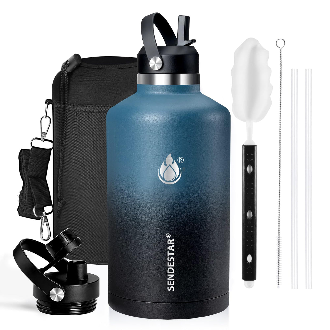 SENDESTAR Water Bottle 32oz Double Wall Vacuum Insulated Leak Proof Stainless Steel Sports Water Bottle—Wide Mouth with New Flex Straw Lid & Spout Lid (Deep Blue&Black)