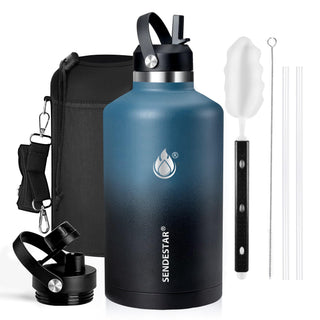 SENDESTAR Water Bottle 32oz Double Wall Vacuum Insulated Leak Proof Stainless Steel Sports Water Bottle—Wide Mouth with New Flex Straw Lid & Spout Lid (Deep Blue&Black)
