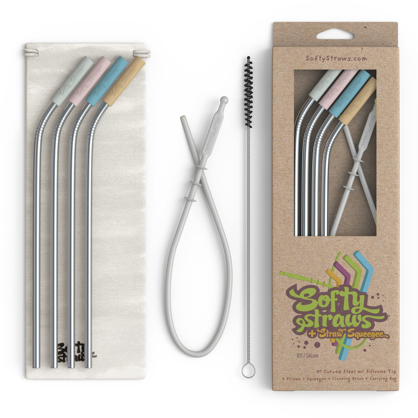 Softy Straws Wide Premium Reusable Silicone Drinking Straws + Patented Straw Squeegee - 9” Long With Curved Bend for 20 30 32 oz Tumblers Non Rubber, Flexible, Safe for Kids/Toddlers, Smoothie
