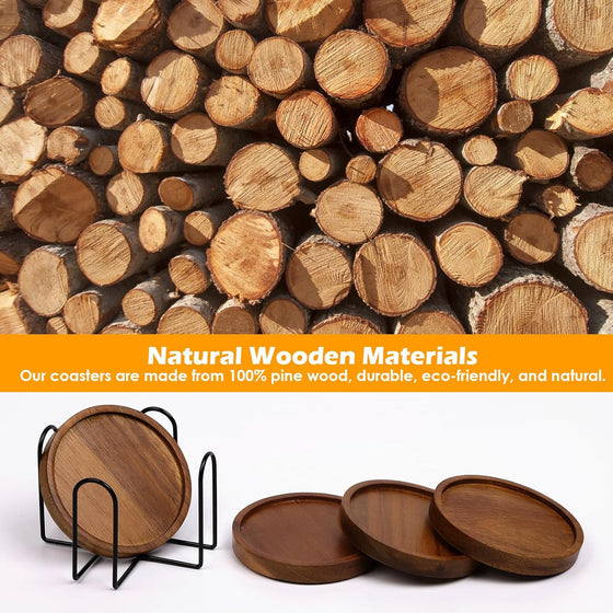 4 Pcs Wood Coasters for Drinks Absorbent, Wooden Coasters with Holder, Drink Coasters for Coffee Table, Absorbent Coaster Set for Table Protection Drink Coasters for Farmhouse, Office, Bar - hover image