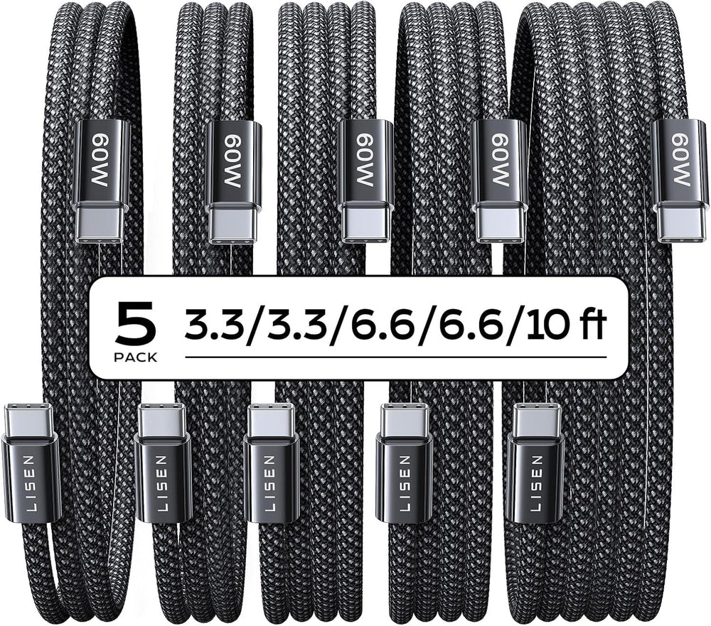 LISEN USB C to USB C Cable, 5-Pack [3.3/3.3/6.6/6.6/10FT] for iPhone 17 Charger Cord, 60W C to C Cable Fast Charging for iPad, iPhone 16 15 Pro Max, Galaxy S25/S24 USBC to USBC Cable Gifts for Men