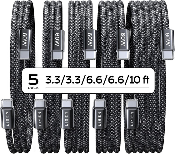 LISEN USB C to USB C Cable, 5-Pack [3.3/3.3/6.6/6.6/10FT] for iPhone 17 Charger Cord, 60W C to C Cable Fast Charging for iPad, iPhone 16 15 Pro Max, Galaxy S25/S24 USBC to USBC Cable Gifts for Men