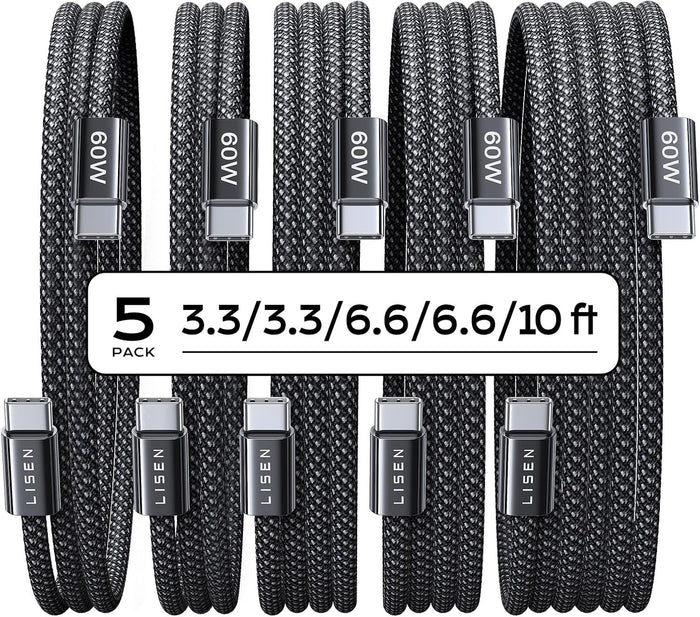 LISEN USB C to USB C Cable, 5-Pack [3.3/3.3/6.6/6.6/10FT] for iPhone 17 Charger Cord, 60W C to C Cable Fast Charging for iPad, iPhone 16 15 Pro Max, Galaxy S25/S24 USBC to USBC Cable Gifts for Men
