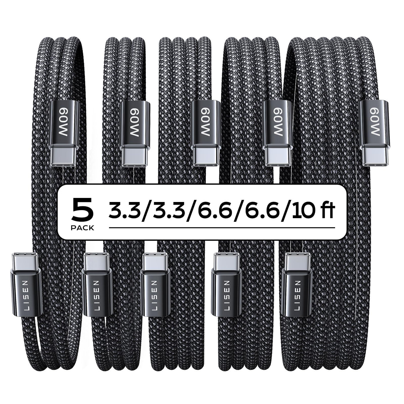 LISEN USB C to USB C Cable, 5-Pack [3.3/3.3/6.6/6.6/10FT] for iPhone 17 Charger Cord, 60W C to C Cable Fast Charging for iPad, iPhone 16 15 Pro Max, Galaxy S25/S24 USBC to USBC Cable Gifts for Men
