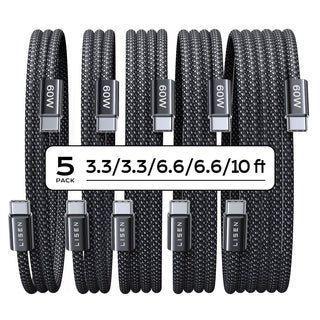LISEN USB C to USB C Cable, 5-Pack [3.3/3.3/6.6/6.6/10FT] for iPhone 17 Charger Cord, 60W C to C Cable Fast Charging for iPad, iPhone 16 15 Pro Max, Galaxy S25/S24 USBC to USBC Cable Gifts for Men
