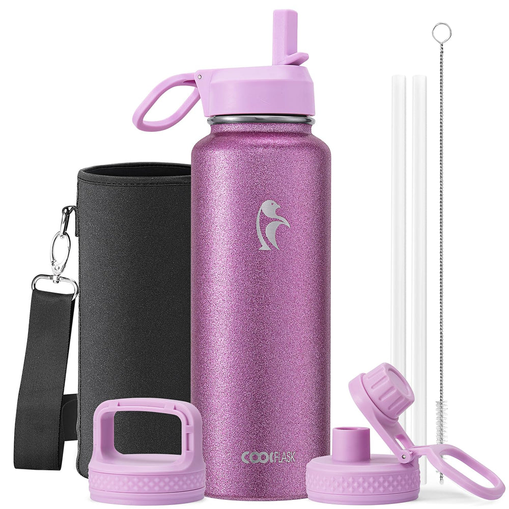 Water Bottle 40 oz Insulated with Straw&Brush, Coolflask Vaccum Stainless Steel Metal 3 Lids Water Flask for Sports, Gym or Office, Keep Cold 48H Hot 24H, Magic Black
