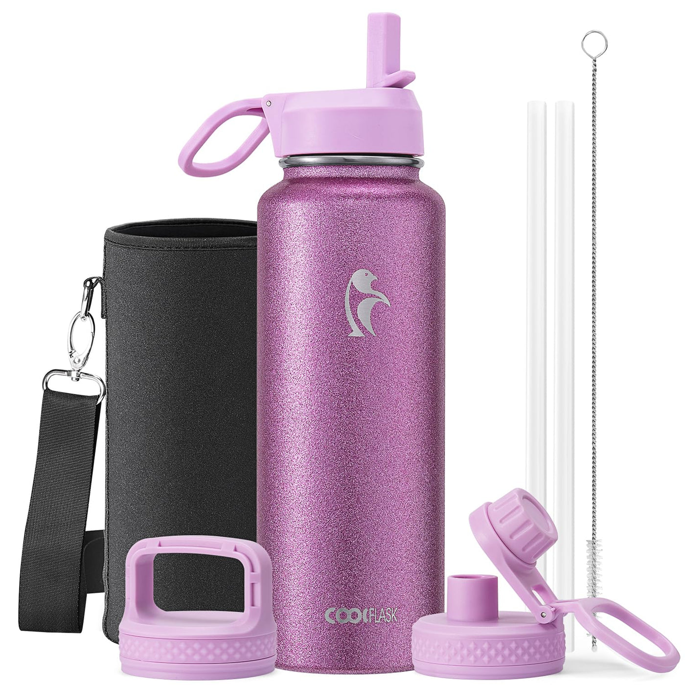 Water Bottle 40 oz Insulated with Straw&Brush, Coolflask Vaccum Stainless Steel Metal 3 Lids Water Flask for Sports, Gym or Office, Keep Cold 48H Hot 24H, Magic Black