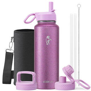 Water Bottle 40 oz Insulated with Straw&Brush, Coolflask Vaccum Stainless Steel Metal 3 Lids Water Flask for Sports, Gym or Office, Keep Cold 48H Hot 24H, Magic Black