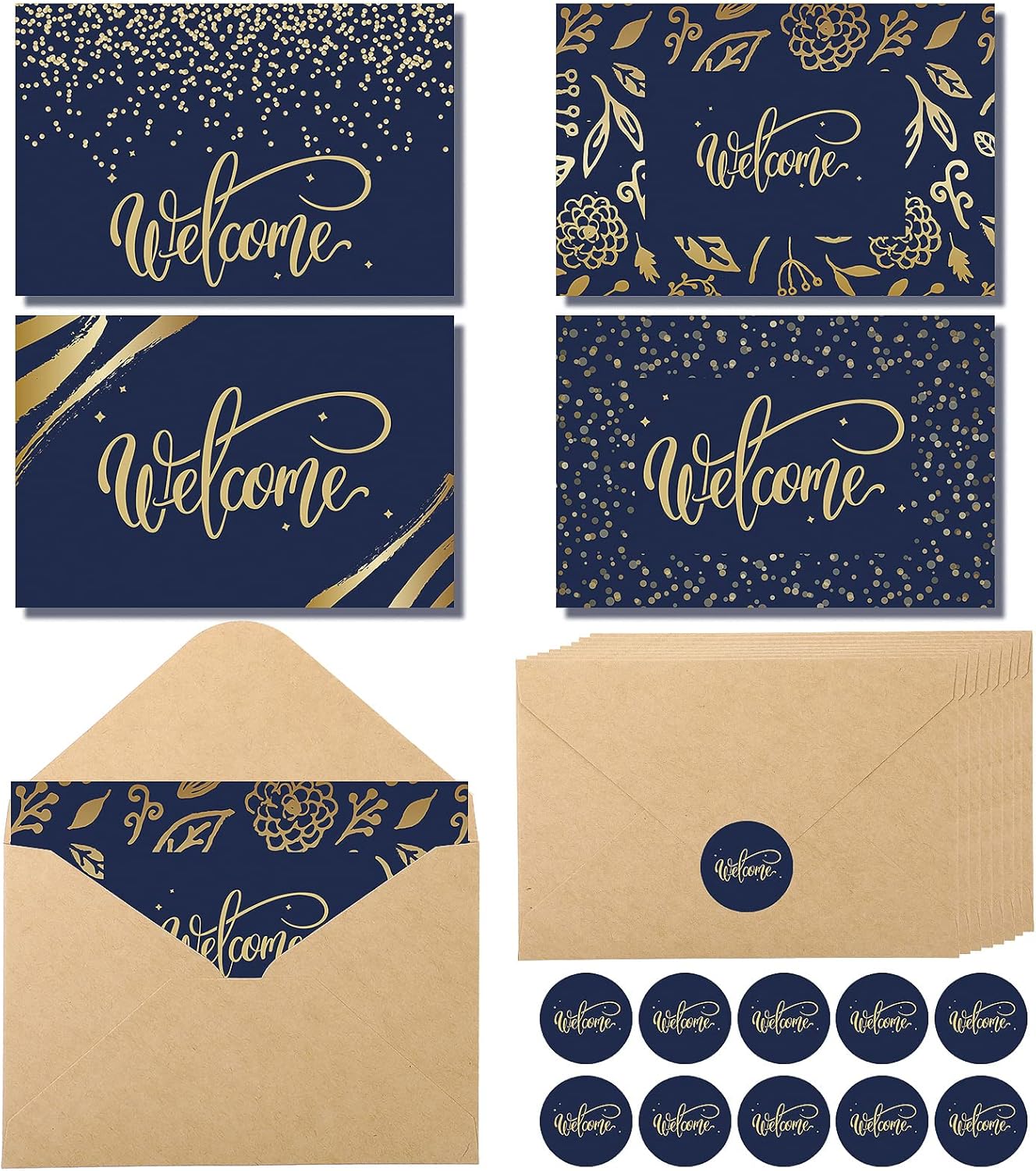 Fumete 48 Sets Welcome Cards Bulk with Kraft Envelopes and Stickers for Guest Employee Greeting Cards Assorted Paper for Birthday Business Wedding New Home Baby Shower(Blue)