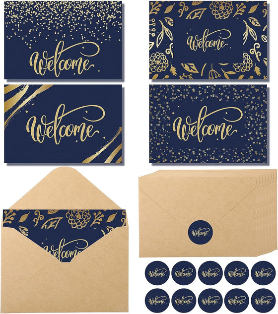 Fumete 48 Sets Welcome Cards Bulk with Kraft Envelopes and Stickers for Guest Employee Greeting Cards Assorted Paper for Birthday Business Wedding New Home Baby Shower(Blue)