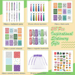 Pasimy 218 Pcs Inspirational Stationery Gifts Motivational Mini Notepad Pen Quote Bookmarks Stress Relief Stickers Inspiring Silicone Keychains for Home Office Appreciation Gift(Stylish)