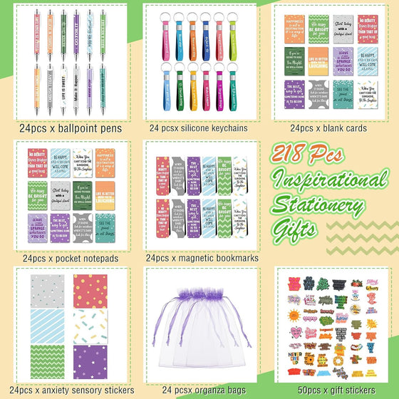 Pasimy 218 Pcs Inspirational Stationery Gifts Motivational Mini Notepad Pen Quote Bookmarks Stress Relief Stickers Inspiring Silicone Keychains for Home Office Appreciation Gift(Stylish) - hover image