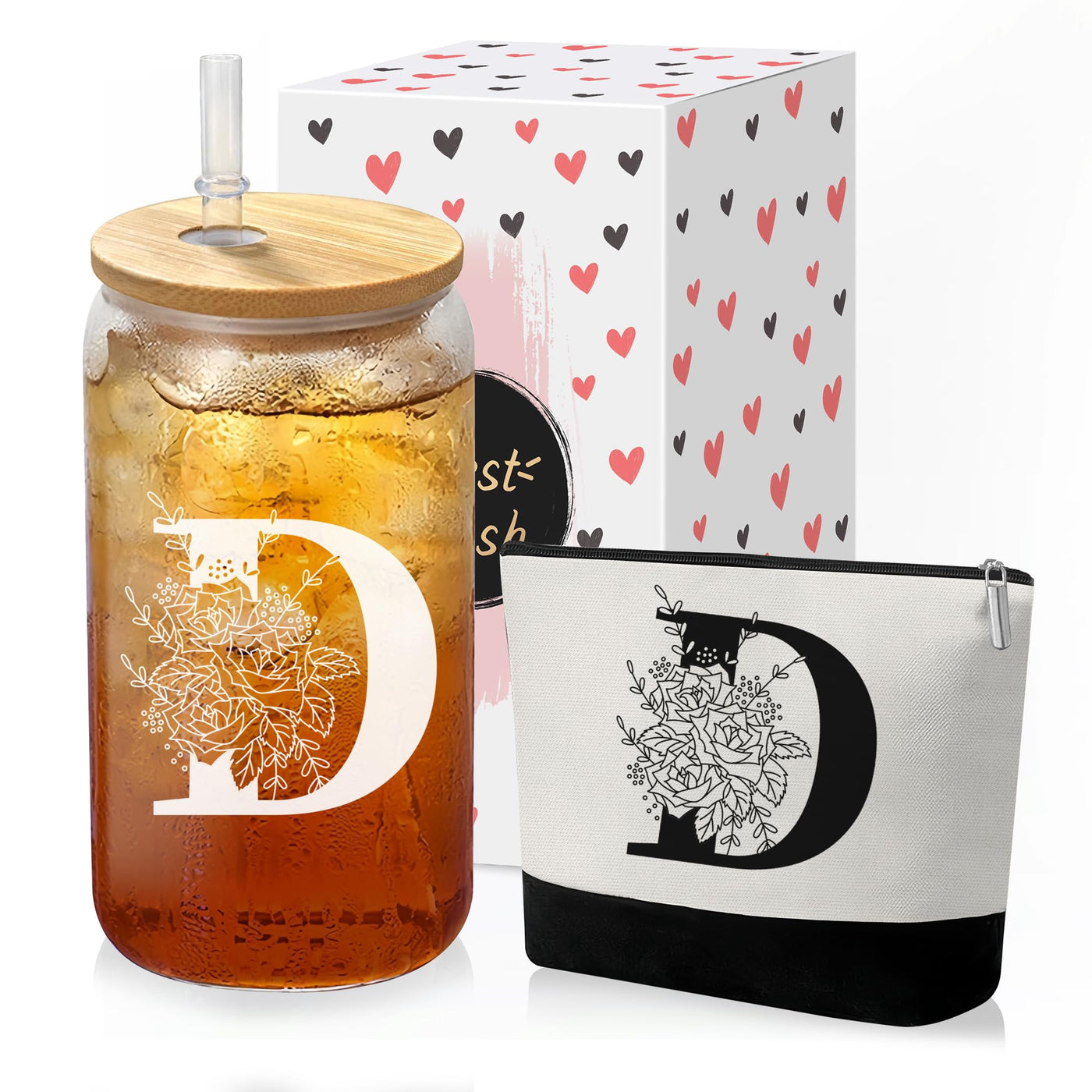 Custom Glass Cup & Makeup Bag Set - Personalized Gifts for Women, Initial 16 oz Glass Tumbler with Lid & Straw, Monogram Makeup Bag - Birthday Gifts For Women, Mother's Day Presents(S)