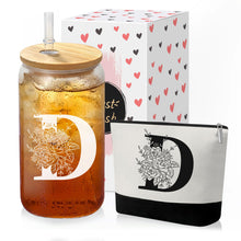 Custom Glass Cup & Makeup Bag Set - Personalized Gifts for Women, Initial 16 oz Glass Tumbler with Lid & Straw, Monogram Makeup Bag - Birthday Gifts For Women, Mother's Day Presents(S)