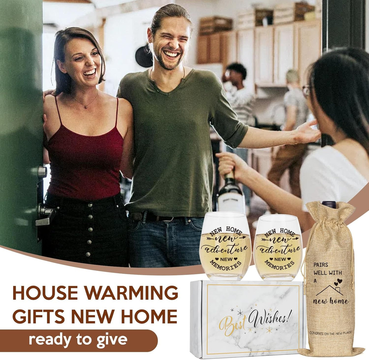 House Warming Gifts New Home, Housewarming Baskets Stemless Wine Glass & Bottle Bag Set for Newlywed Couple, Women, Friends, New Homeowner, Unique Closing Gift for Home Buyers, Clients