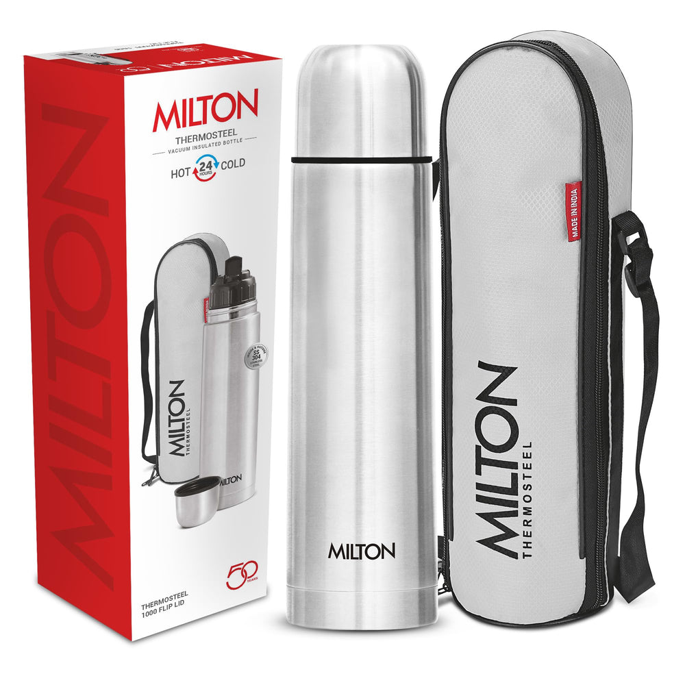 Milton Thermosteel Flip Lid Flask 350, Double Walled Vacuum Insulated Thermos 350 ml | 12 oz | 24 Hours Hot and Cold Water Bottle with Cover, 18/8 Stainless Steel, BPA Free, Leak-Proof | Silver