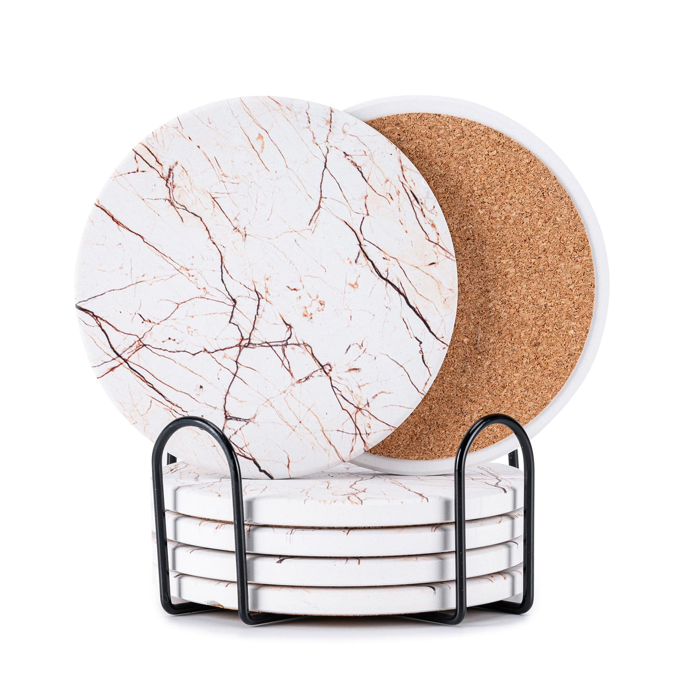 6Pcs Drink Coasters with Holder, Marble Style Ceramic Drink Coaster, Absorbent Coasters Set Suitable for Kinds of Cups, Modern Style Coaster for Coffee Table, 4 Inches