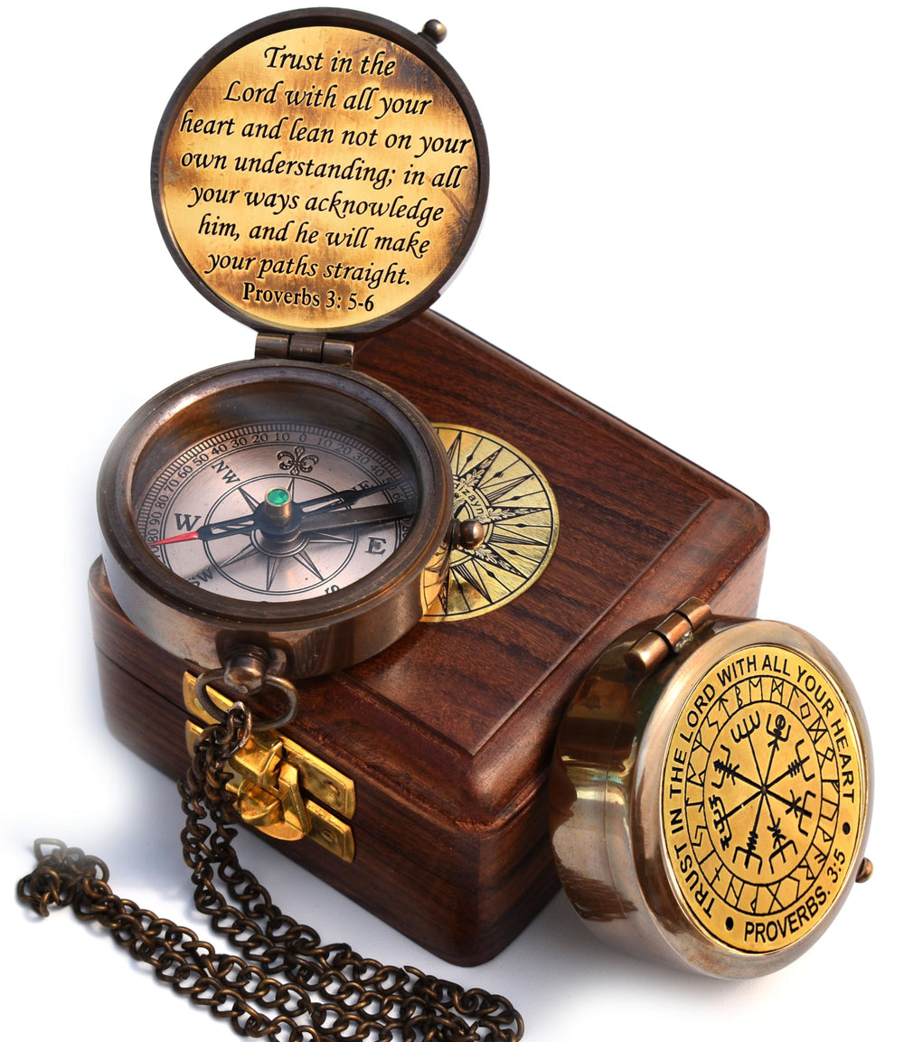 Trust in The Lord With All Your Heart - Proverbs 3:5-6 Quote Engraved Compass With Wooden Box, Greeting Card, Gift Compass, Graduation Day Gifts 2024 for Women Men Boys Girls