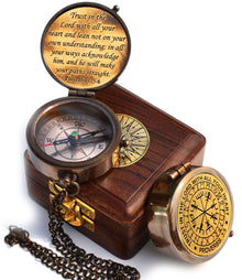Trust in The Lord With All Your Heart - Proverbs 3:5-6 Quote Engraved Compass With Wooden Box, Greeting Card, Gift Compass, Graduation Day Gifts 2024 for Women Men Boys Girls