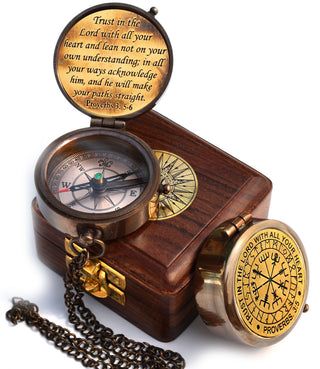 Trust in The Lord With All Your Heart - Proverbs 3:5-6 Quote Engraved Compass With Wooden Box, Greeting Card, Gift Compass, Graduation Day Gifts 2024 for Women Men Boys Girls