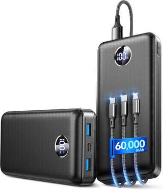 Portable Charger Power Bank - 60,000mAh Battery Pack, 22.5W Fast Charging Phone Charger Attached USB-C/iOS/Micro-USB Cable, Powerbank for iPhone 17 16 15 14 13 Samsung, for Travel Camping Essentials