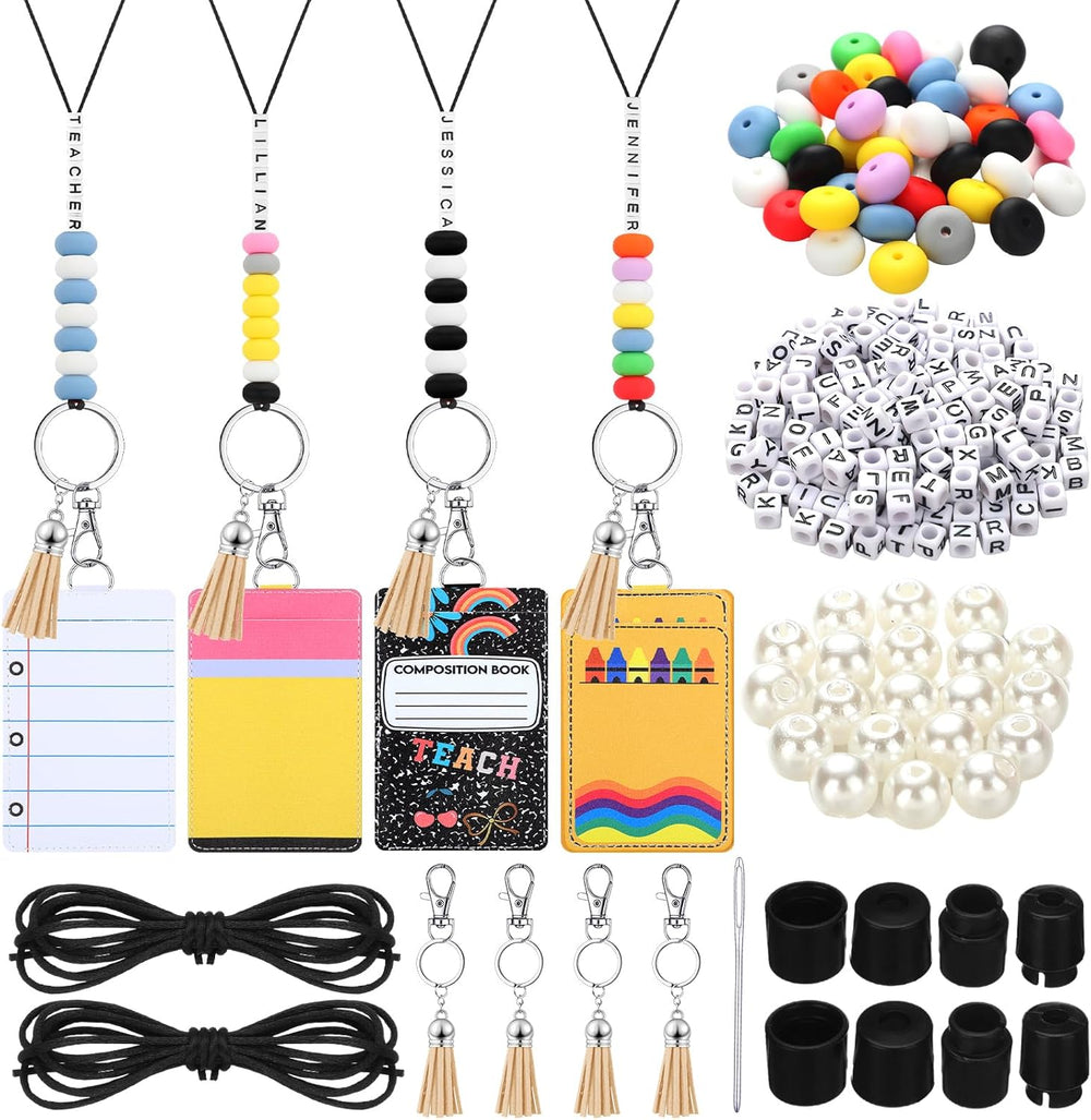 Gueevin 279 Pcs DIY Name Teacher Lanyard with ID Holder, 4 Sets Lanyards for ID Badges Keychain Making Kit DIY Teachers Appreciation Gifts for Teacher Office Graduation Gifts School Supply