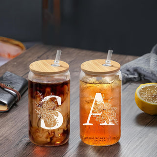 Custom Glass Cup & Makeup Bag Set - Personalized Gifts for Women, Initial 16 oz Glass Tumbler with Lid & Straw, Monogram Makeup Bag - Birthday Gifts For Women, Mother's Day Presents(S)