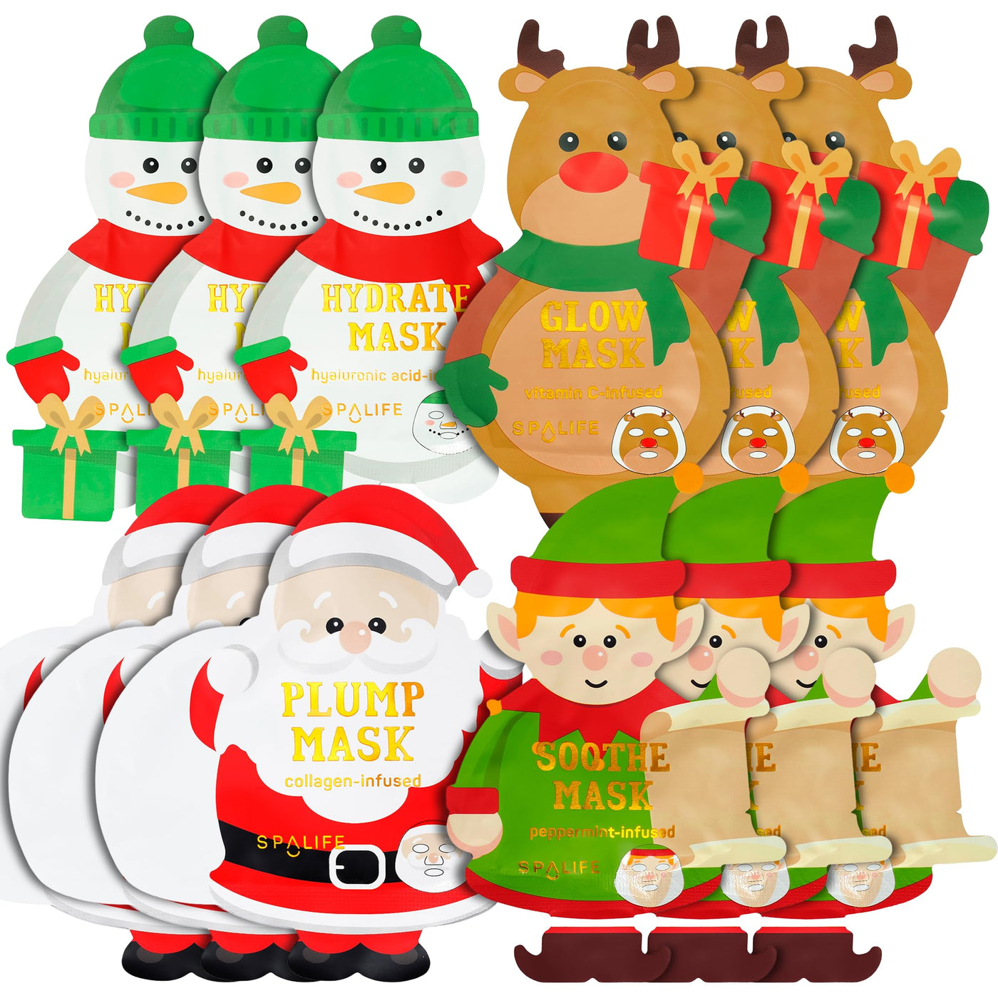 SpaLife Beauty Holiday Treats Christmas Face Mask Bundle | Korean Facial Mask | Hydrating, Soothing and Moisturizing Sheet Mask Set | Stocking Stuffers for Women | Bulk Christmas Gifts | 12 Pack