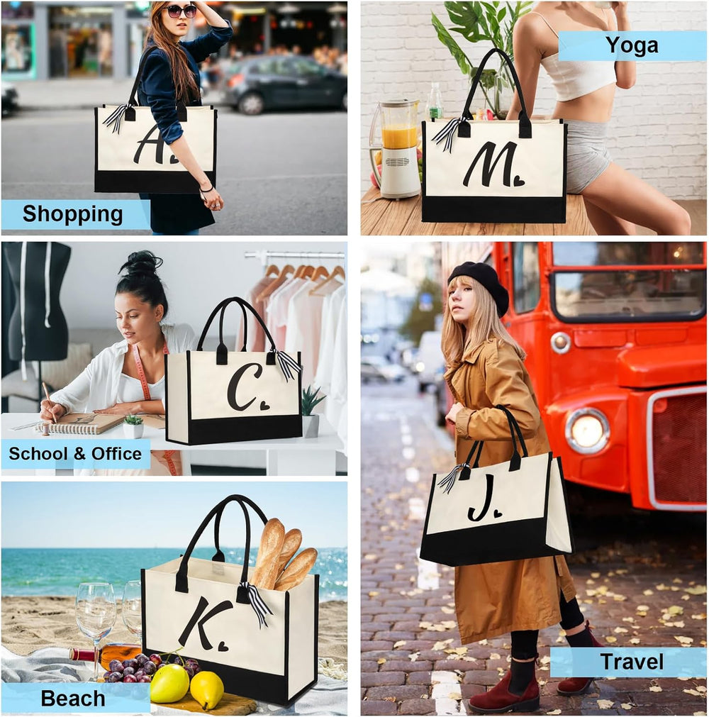 shenee Initial Canvas Tote Bag, Personalized Beach Jute Bag Present for Women Holiday,Friends Birthday Gift,Wedding, New Year