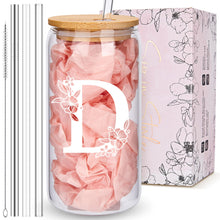 Personalized Tumbler, Monogrammed Can Glass Cups with Bamboo Lids and Straws, Customized Gifts for Women, Cute Design Initial Iced Coffee glasses, Custom Letter Mug, Birthday Bridesmaid, W