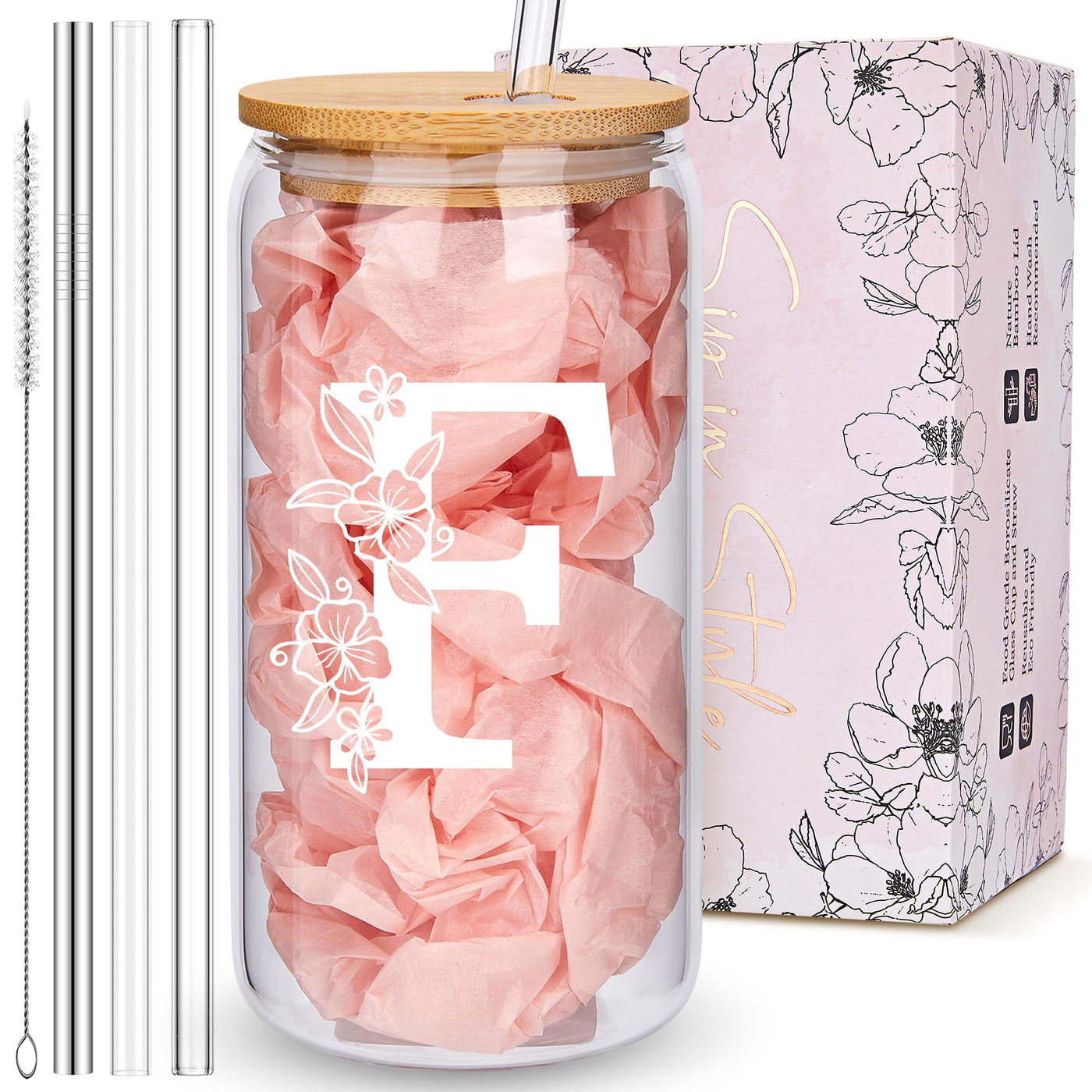 Personalized Tumbler, Monogrammed Can Glass Cups with Bamboo Lids and Straws, Customized Gifts for Women, Cute Design Initial Iced Coffee glasses, Custom Letter Mug, Birthday Bridesmaid, W