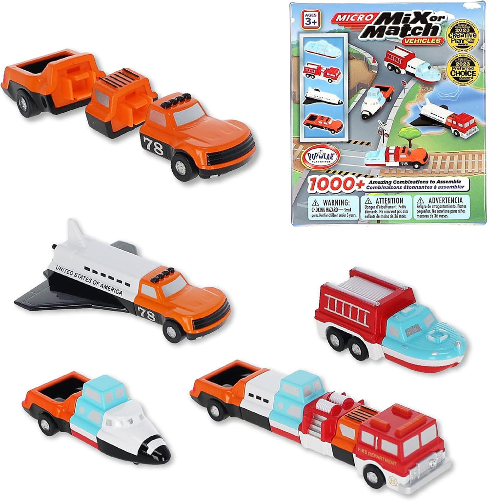 Popular Playthings Magnetic Vehicles for Toddlers 1–3, Mini Mix or Match Car Toys, Snap‑Together Interchangeable Parts for Creative Play, Travel‑Friendly Set of 4