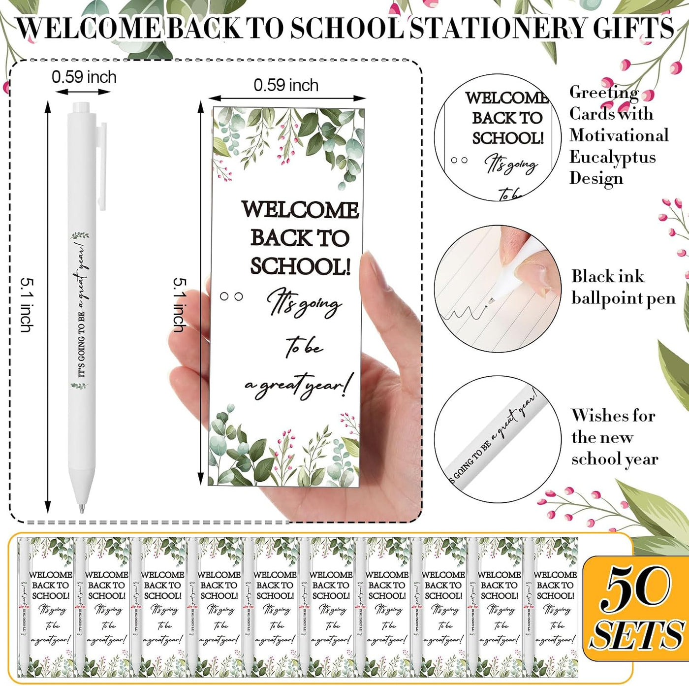Dunzoom 50 Sets Welcome Back to School Gifts Include Greeting Cards and Inspirational Ballpoint Pens First Day of School Stationery Set for Teachers Students Reward Supplies(Paper,Classic Style)