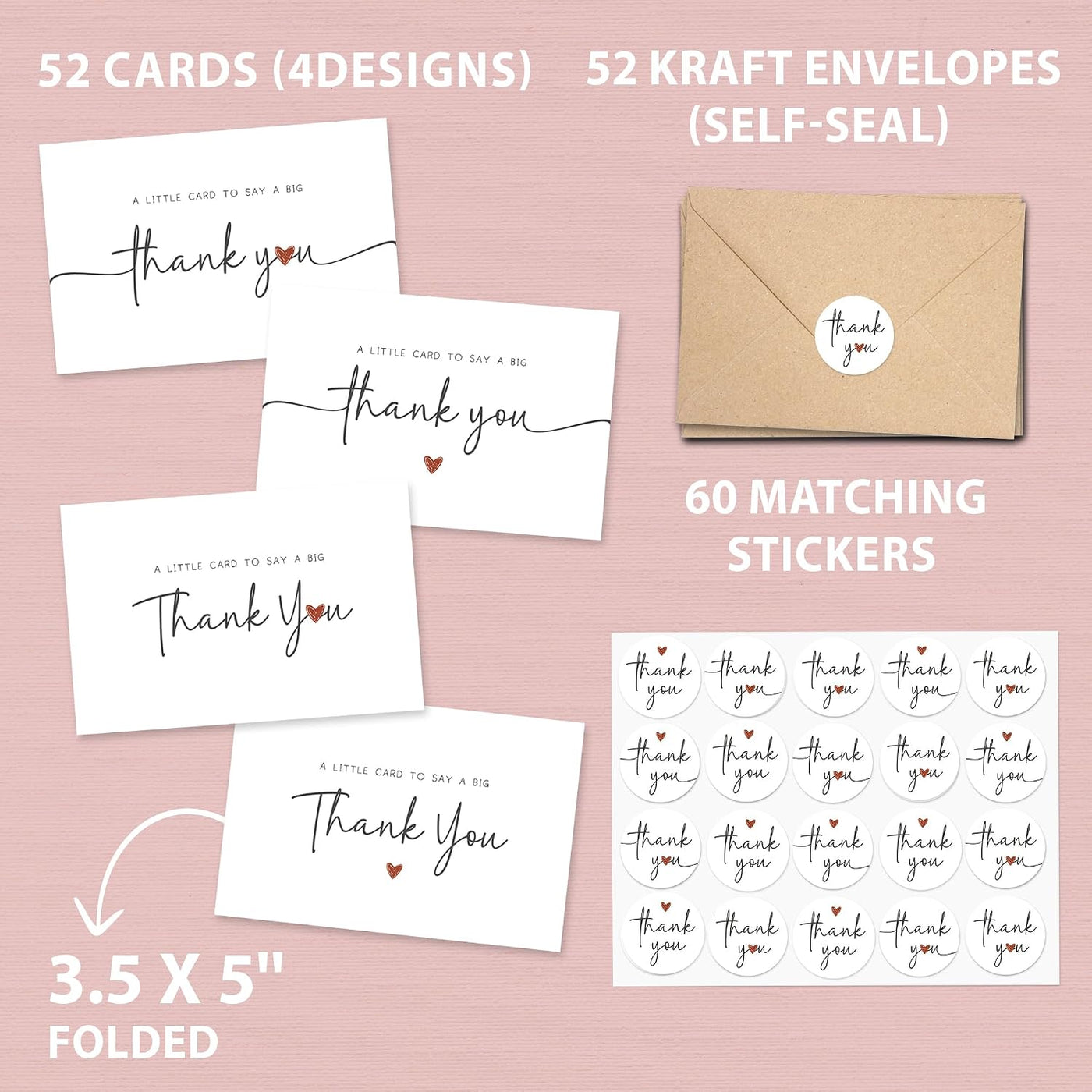 UnimaxPrint 52 Thank You Cards with Envelopes & Stickers (4 Designs), Minimalist 3x5” Thank You Notes for Teacher Appreciation, Weddings, Baby Showers & Small Business