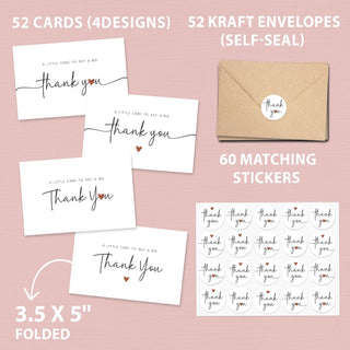 UnimaxPrint 52 Thank You Cards with Envelopes & Stickers (4 Designs), Minimalist 3x5” Thank You Notes for Teacher Appreciation, Weddings, Baby Showers & Small Business