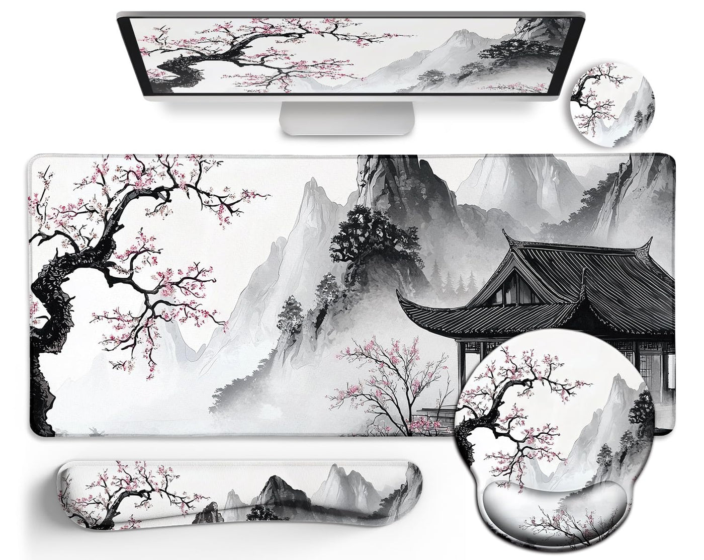 LIMKRIAN Desk Mat Set, Large Gaming Mouse Pad with Wrist Rest, Ergonomic Mouse Pad Keyboard Mat Wrist Support, Cup Coaster, Home Office Desk Accessories Decor Supplies, Funny Black Cat