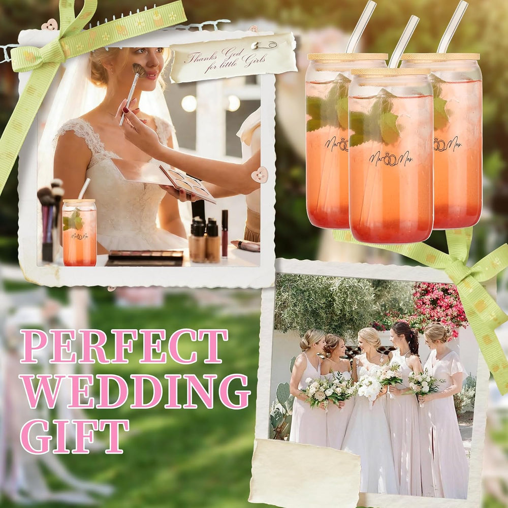 Mr. & Mrs. Glass Tumbler Set, 16oz Glass Cups with Bamboo Lids, Straws & Coasters, Bridal Shower & Wedding Thank You Gift for Couples
