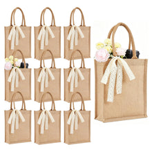 Small 6pcs Burlap Tote Bag Set with Handles, 11*9.45*3.94 Inch Waterproof Reusable Blank Grocery Bags with Ribbon Large Jute Tote for Women Bridesmaid Gift Beach Shopping Wedding Travel DIY