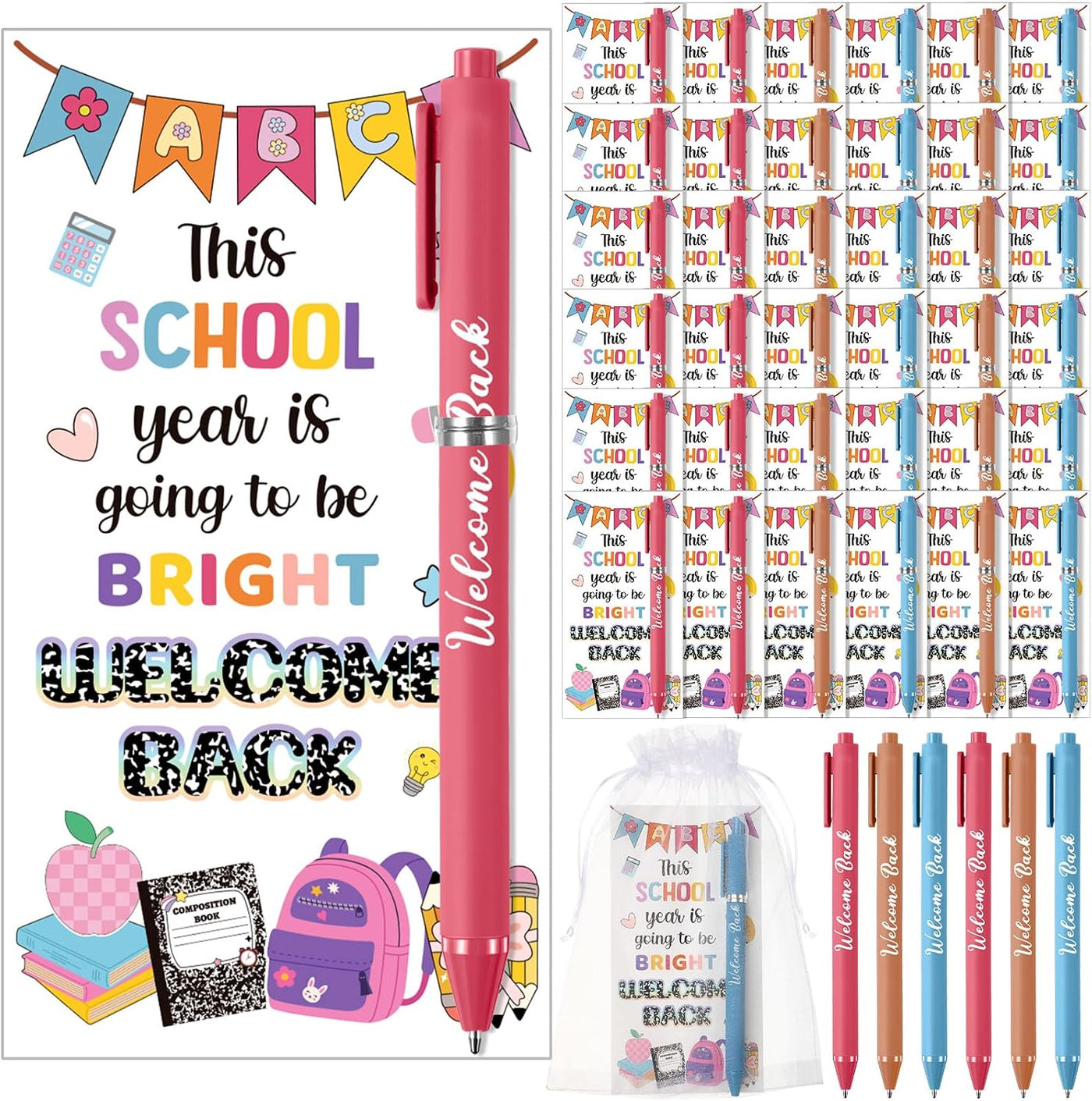 Marspark 30 Set Welcome Back to School Gifts Bulk Ballpoint Pens and Greeting Cards Set with Bags Twist Ties Composition First Day of School Gifts for Teacher Student Classroom Party Favors Supplies