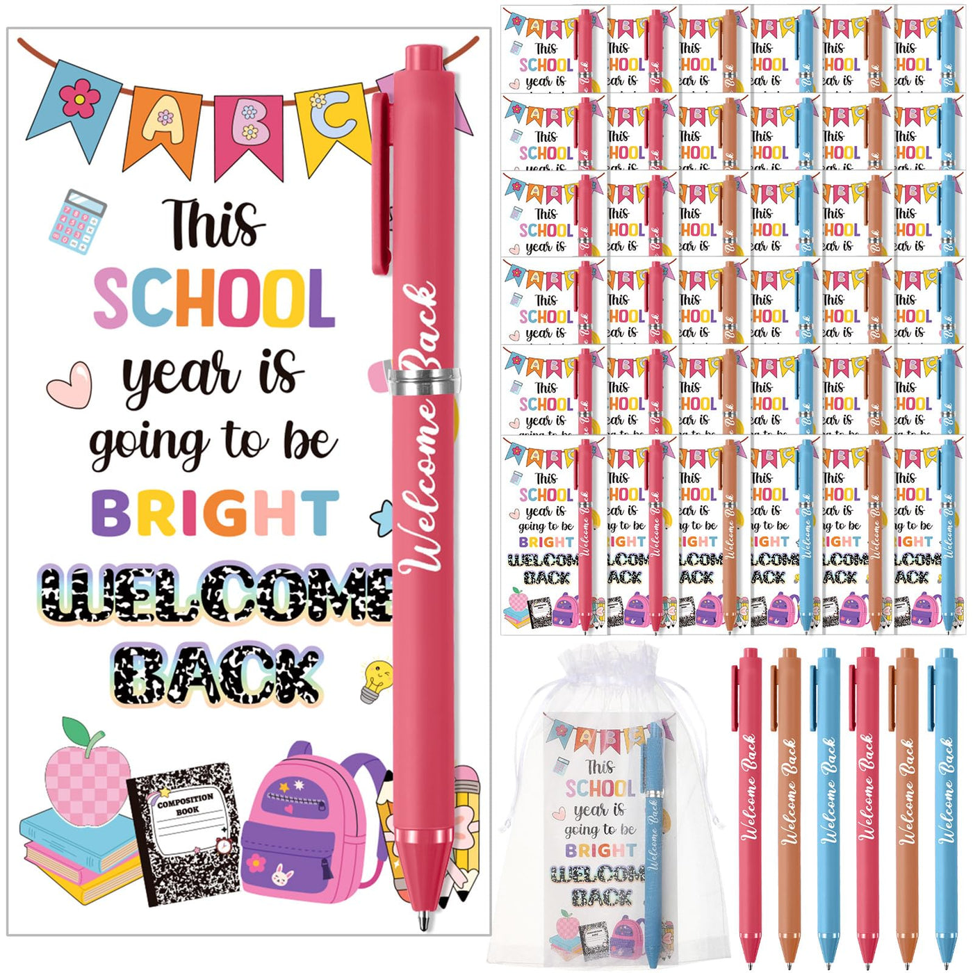 Marspark 30 Set Welcome Back to School Gifts Bulk Ballpoint Pens and Greeting Cards Set with Bags Twist Ties Composition First Day of School Gifts for Teacher Student Classroom Party Favors Supplies